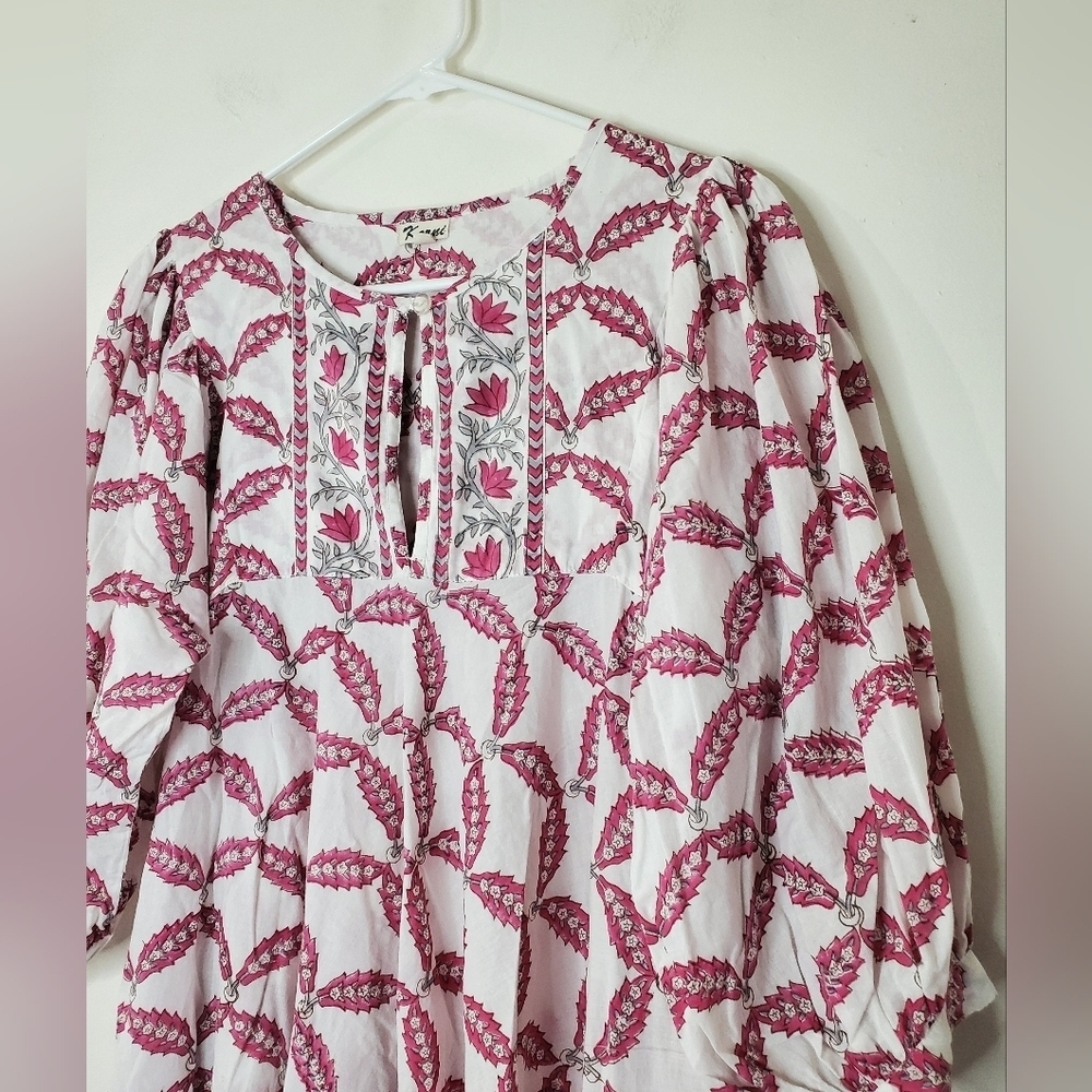 Karni Floral BoHo Cottagecore Maxi Dress Size Small White Pink Pockets - Picture 2 of 10